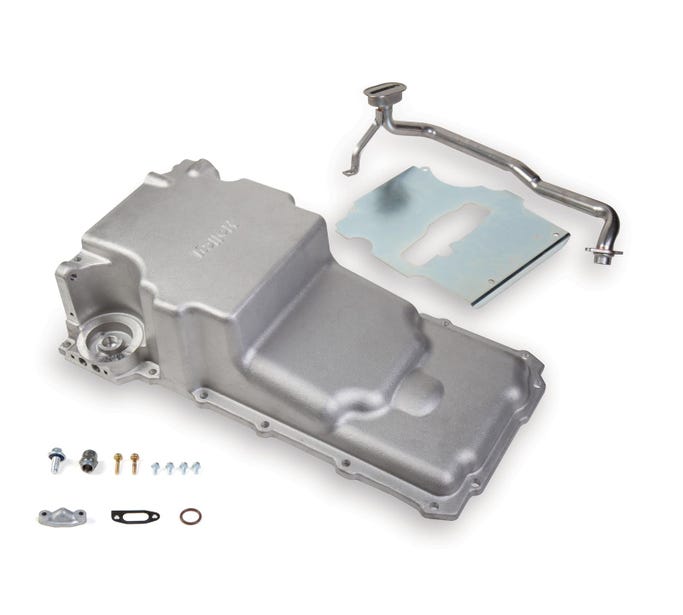 HOLLEY OIL PAN - LS SWAP - 1955-87 GM MUSCLE CAR/TRUCK - FRONT CLEARANCE - FOR STOCK STROKE - NATURAL - 302-2